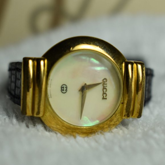 Gucci Watch 14k Gold w Leather Band M.O.P. Face